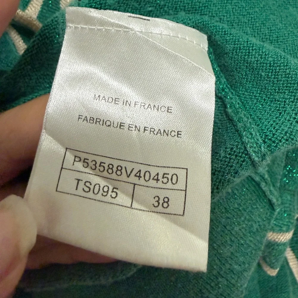 Chanel Green Top Knit Lurex Metallic Short Sleeve Classic Shirt Wool 38 US 6 90s